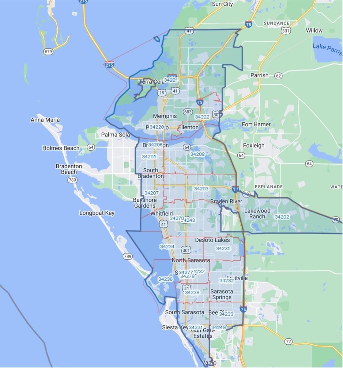 Map of the Sotelos Pool Service coverage area across Sarasota, Bradenton, and Palmetto, Florida