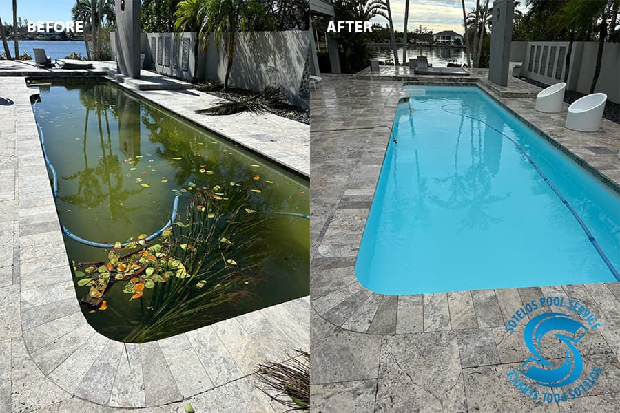 Before and after: a storm-darkened waterfront pool fully restored by Sotelos Pool Service